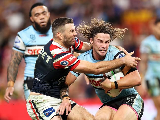 James Tedesco of the Roosters and Nicho Hynes of the Sharks are both strong contenders to play Origin. Picture: Getty Images