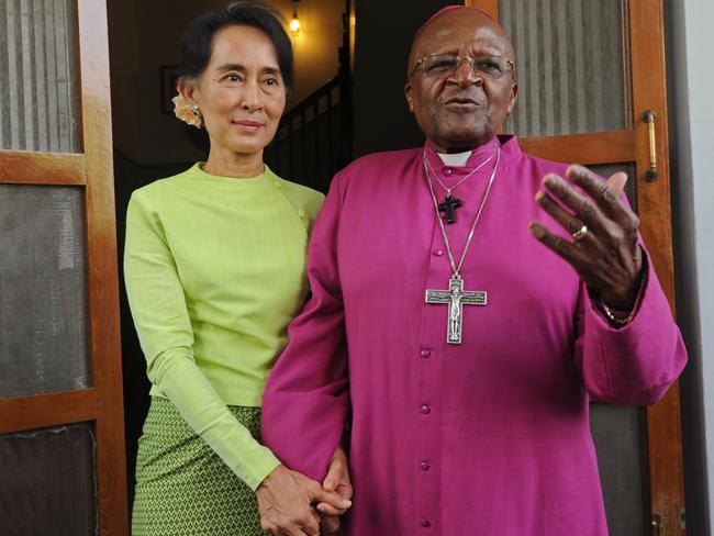 Archbishop Desmond Tutu pictured with Myanmar democracy leader Aung San Suu Kyi in Yangon on in  2013. Picture: Soe Than Win/AFP