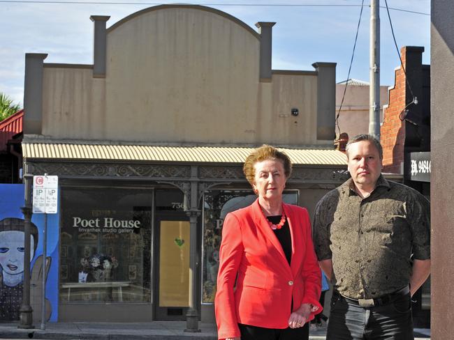 Margaret Quill and Mark James in 2014, standing outside the Thornbury shop where Mark’s mother Maria James was murdered in 1980. Picture: Craig Hughes