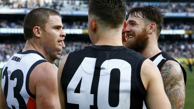 Collingwood v GWS Heath Shaw with Dane Swan & Paul Seedsman after the game Picture:Wayne Ludbey