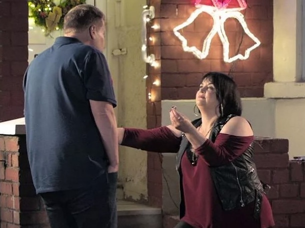 The 2019 Christmas special ended on a cliffhanger when Nessa (Jones) proposes to Smithy (Corden). Picture: BBC