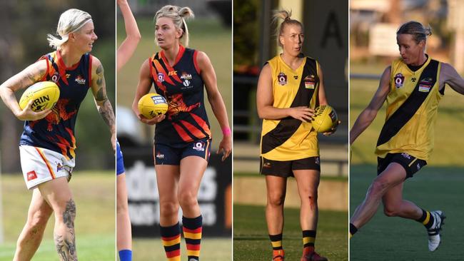 Noosa Tigers players Dani Bishop-Kinlyside and Keirra Massoud and Caloundra players Rachel Crack and Kelly Woods in action. Pictures: Craig Slaney Sports Photography, Highflyer Images and Jillo’s Sporting Pics