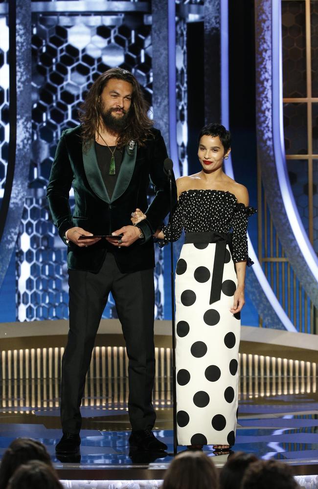 Zoe Kravitz presented a Golden Globe with her stepfather, Jason Momoa. Picture: AP