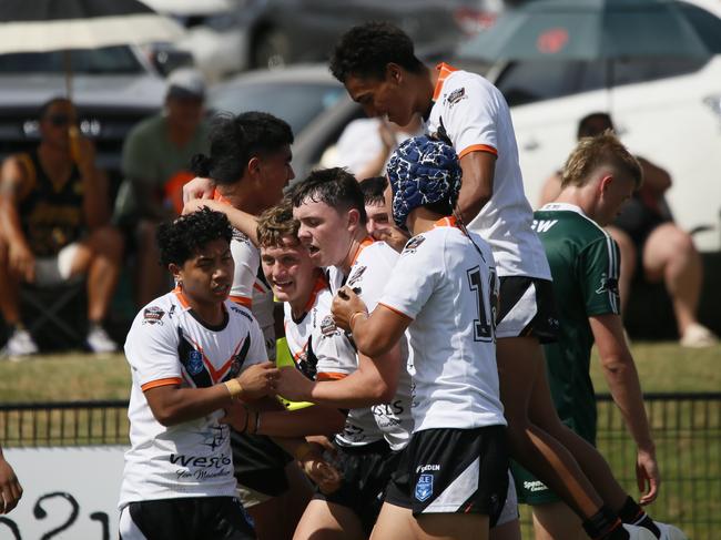 Macarthur celebrates a try. Picture: Warren Gannon Photography. Andrew Johns Cup round one, Macarthur Wests Tigers vs Western Rams at Kirkham Oval, 4 February 2024