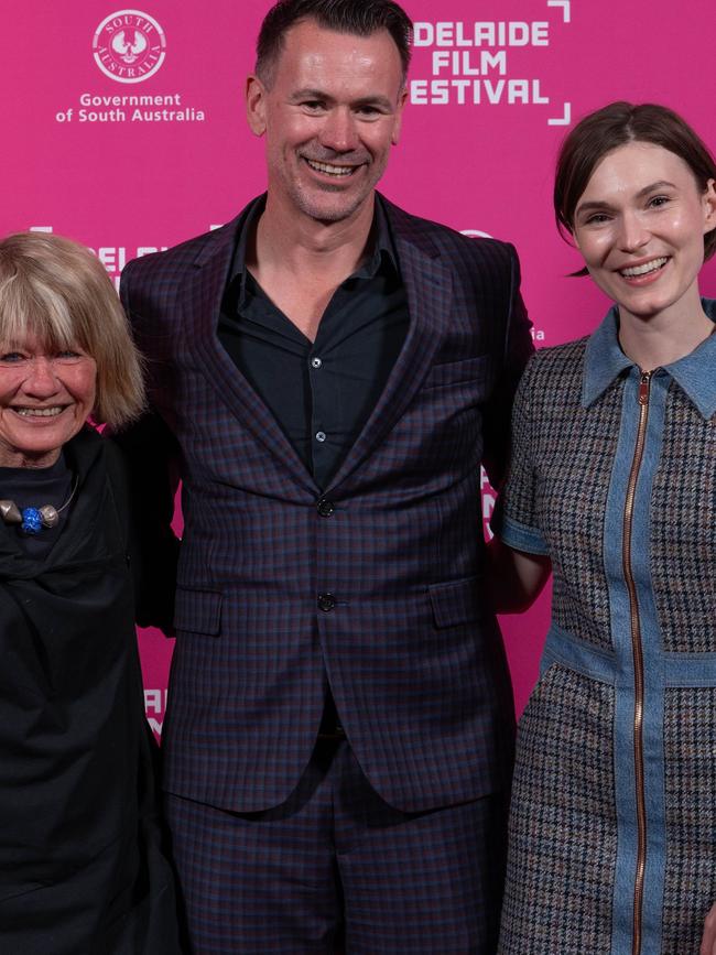 Margaret Pomeranz, Mat Kesting and Tilda Cobham-Hervey at the 2023 Adelaide Film Festival AFF opening night. Picture: Naomi Jellicoe