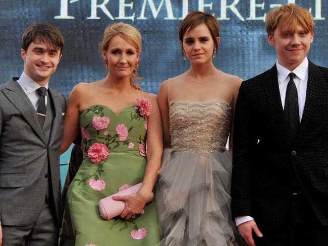 Radcliffe (left) with Rowling, Watson and Grint at the <i>Harry Potter And The Deathly Hallows Part 2</i> world premiere at Trafalgar Square in 2011. Picture: Jon Furniss/WireImage