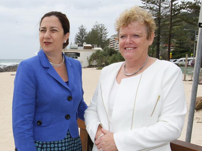 Labour Cangitate for the Burleigh state electorate Gail Hislop on Left with With Opposition leader Annastacia Palaszczuk on Right pictured at Burleigh Heads getting ready for the QLD state Elections in 2015 .