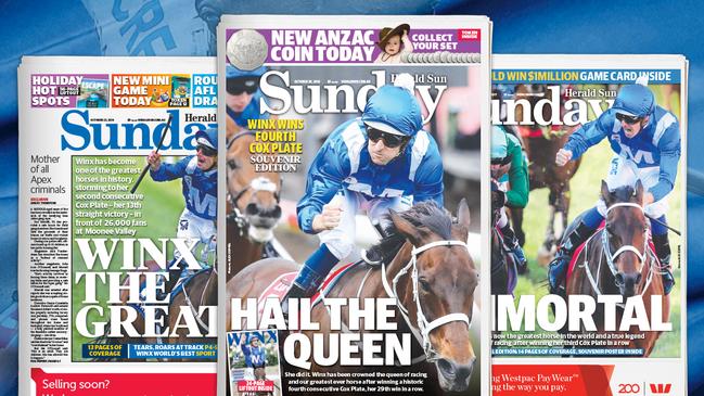 Download iconic Cox Plate Sunday Herald Sun front pages celebrating mighty Winx's winning streak.