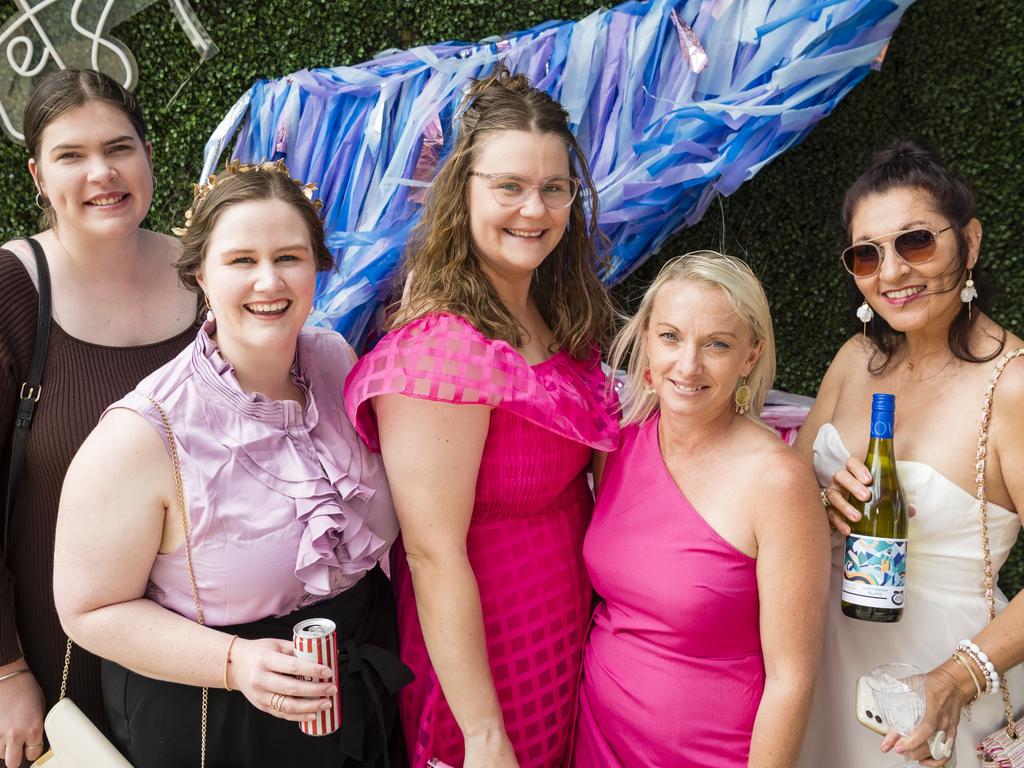 At 2023 Audi Centre Toowoomba Weetwood race day are (from left) Makeelie Dowton, Emma Rae, Lauren Thomas, Charmaine Parkinson and Justine Buckley. Picture: Kevin Farmer