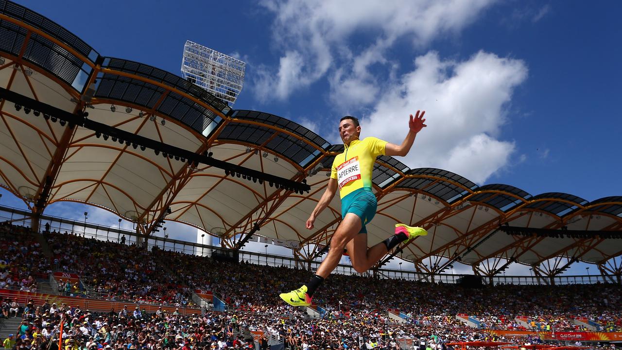 99: Australia’s Fabrice Lapierre leaps high into the Carrara air during the Men’s Long Jump qualification on day six of the Games. Picture: Getty Images.