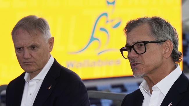Les Kiss, right, comments after being named as the next head coach for Australian Rugby Wallabies as current head coach Joe Schmidt listens in Sydney, Australia, Wednesday, April 30, 2025. (AP Photo/Rick Rycroft)