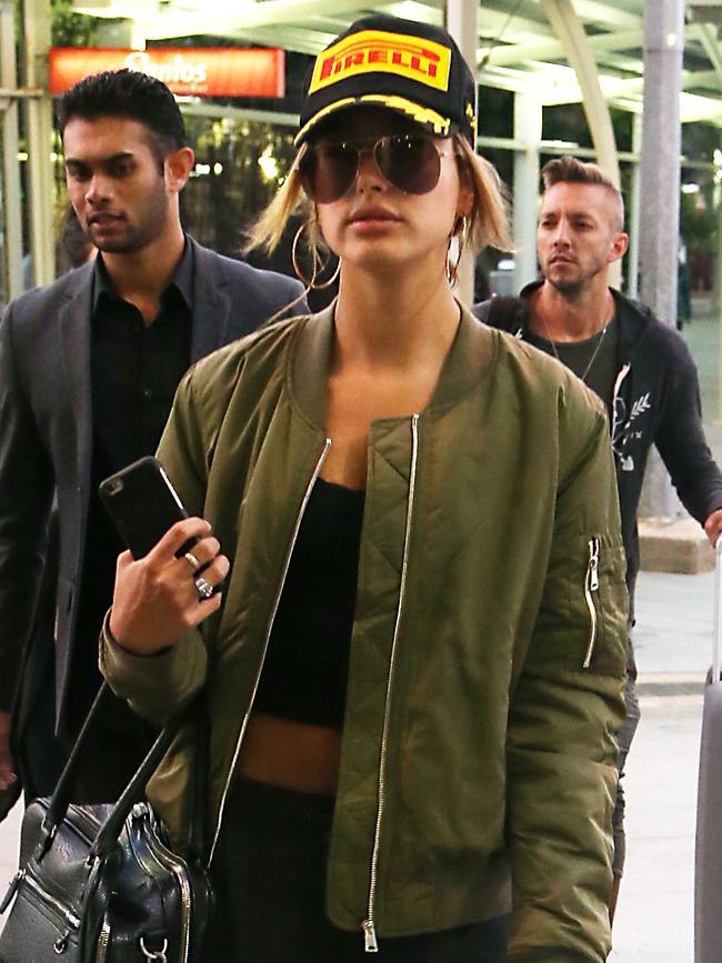 Model Hailey Baldwin, who has been linked to Justin Bieber arrives at Sydney airport. Picture: Adam Taylor