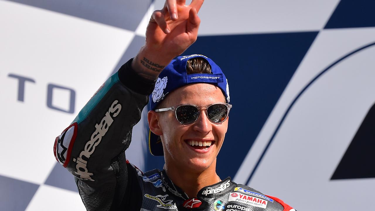 Second-placed Fabio Quartararo celebrates on the podium at Misano.