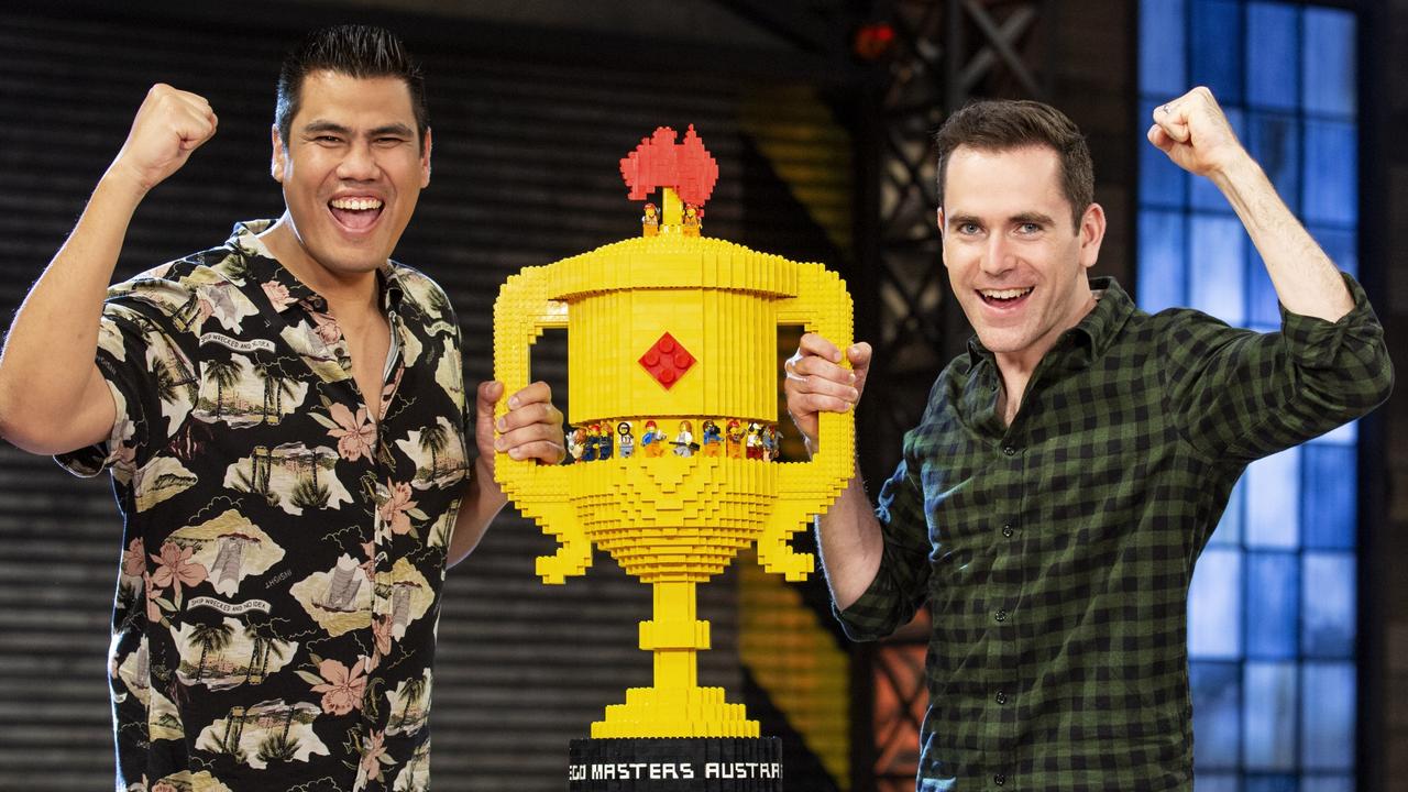 Lego Masters grand finale winners Henry Pinto and Cade Fletcher with their Lego trophy. Picture: Supplied