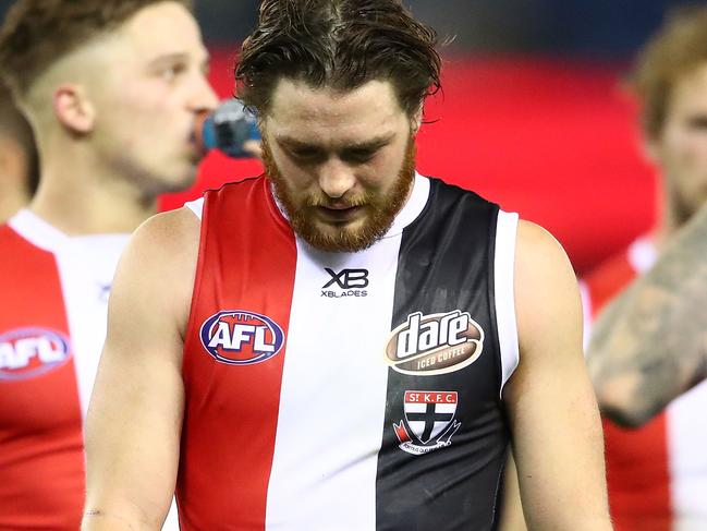 MELBOURNE, AUSTRALIA - MAY 19:  Jack Steven of the Saints reacts as his side leave the field after losing the round nine AFL match between the St Kilda Saints and the Collingwood Magpies at Etihad Stadium on May 19, 2018 in Melbourne, Australia.  (Photo by Scott Barbour/Getty Images)