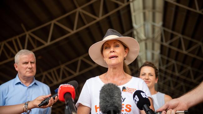 Opposition Leader Lia Finocchiaro and her team launch their Agriculture Policy for the 2020 election at the Berrimah Export Yards. She is joined by the Deputy Prime Minister Michael McCormack and candidate for Fannie Bay Tracey Hayes. Picture: Che Chorley