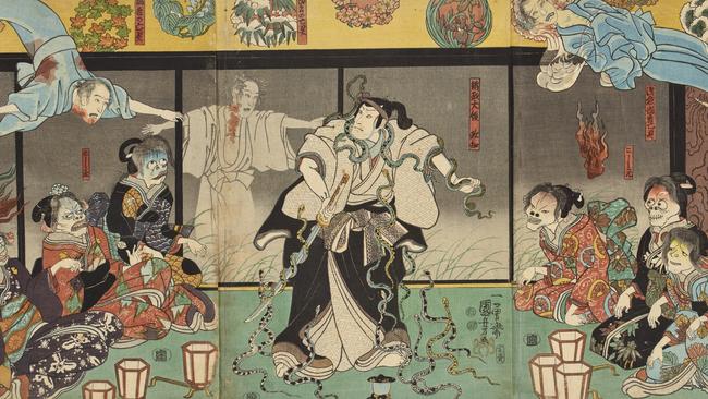 Utagawa Kuniyoshi’s The actor Bando Hikosaburo IV as Orikoshi Masatomo attacked by the ghost of Asakura Togo played by Ichikawa Kodanji IV (1851). Art Gallery of New South Wales.