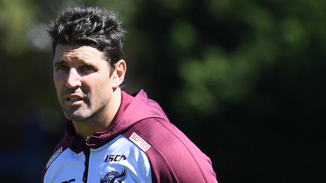 Manly-Warringah Sea Eagles coach Trent Barrett during a training session in Sydney, Wednesday, September 6, 2017. The Sea Eagles take on the Penrith Panthers in week 1 of the NRL Finals Series at Lottoland on Saturday. (AAP Image/Dean Lewins) NO ARCHIVING