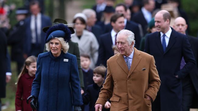 Camilla, Queen Consort, King Charles III and Prince William, Prince of Wales attend the Christmas Day service at St Mary Magdalene Church. Picture: Getty