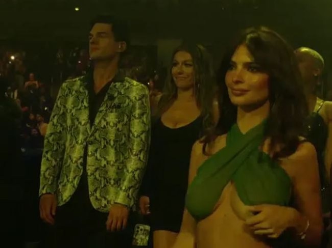 Emily Ratajkowski nearly slipped out of her top during the MTV VMAs. Credit: MTV