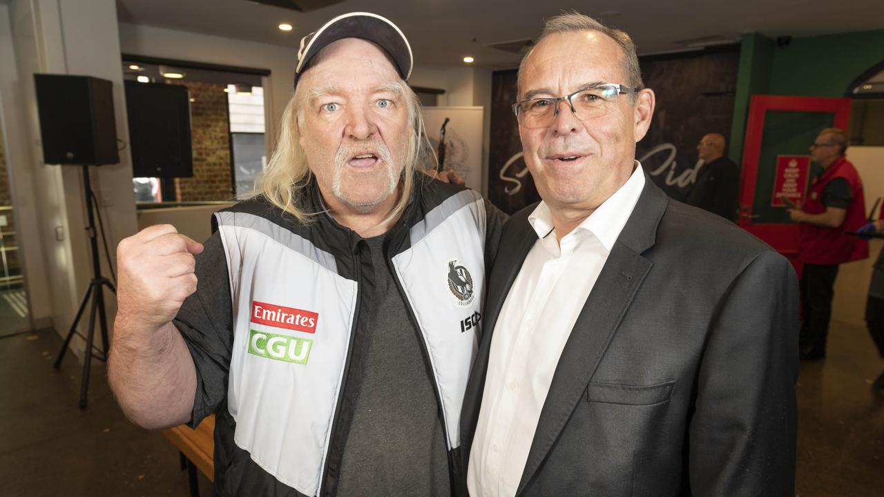 Collingwood President Mark Korda with fellow supporter Greg Tickner. Picture: Rob Leeson.