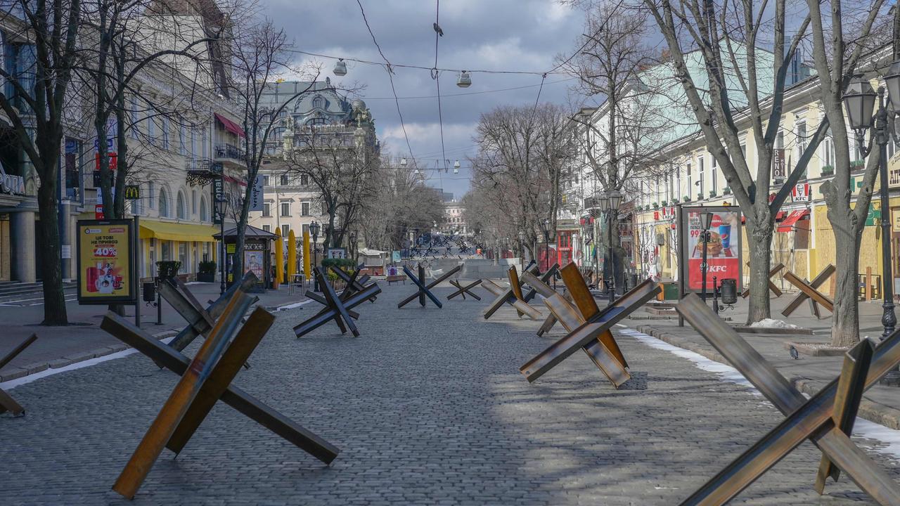 This photo shows antitank obstacles laid out along a street in the southern Ukrainian city of Odessa. Picture: Bulent Kilic/AFP