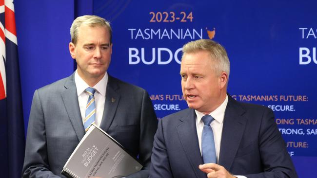 Tasmanian Premier Jeremy Rockliff and Treasurer Michael Ferguson at the Executive Building in Hobart on Thursday.