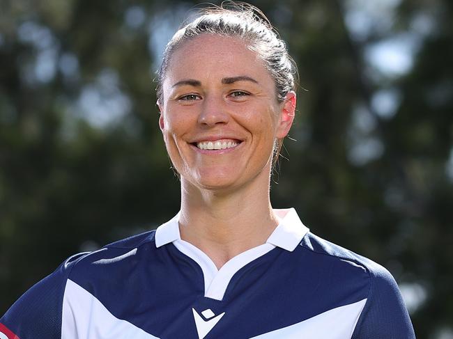 MELBOURNE, AUSTRALIA - OCTOBER 19: Emily Gielnik of Melbourne Victory poses for a portrait during an A-League media opportunity at Birrarung Marr on October 19, 2023 in Melbourne, Australia. (Photo by Kelly Defina/Getty Images)