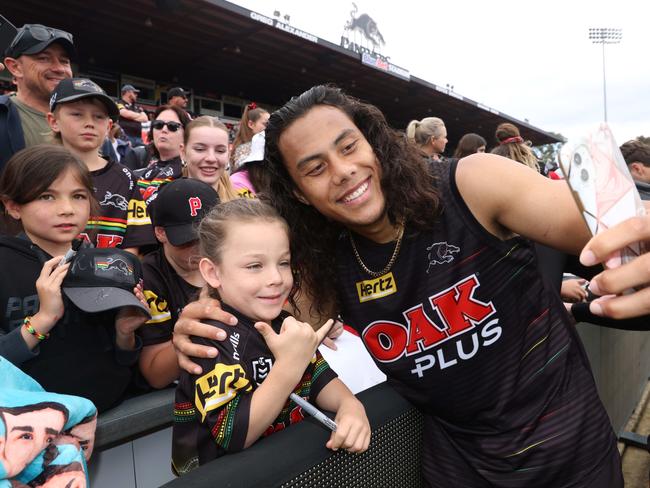 Penrith Panthers hosted a training session and Fan Day at Penrith stadium ahead of their Grand Final match this weekend. Jerome Luai takes a selfie with 5-year-old Bokodi. Picture: David Swift