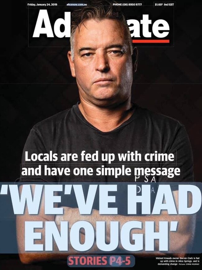 A Centralian Advocate front page covering Darren Clark’s Facebook page calling for action on crime in Alice Springs.