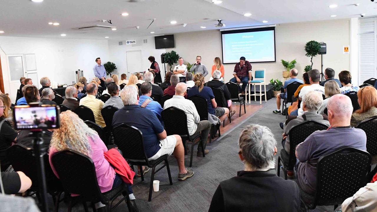 Fishers, surfers, businesspeople and residents attended a meeting calling for urgent action on the shoaling at the Mooloolah River entrance. Picture: Patrick Woods.