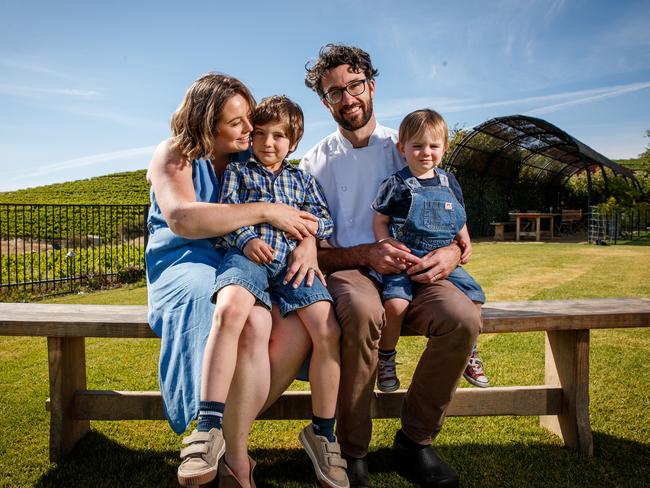 Chef Tom Tilbury from Coriole with his wife Sarah and children Archer, 2, and Oliver, 5. Photo: Matt Turner