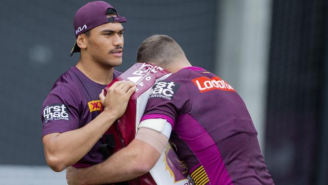 Brisbane Broncos players Kurt Capewell and Brendan Piakura.