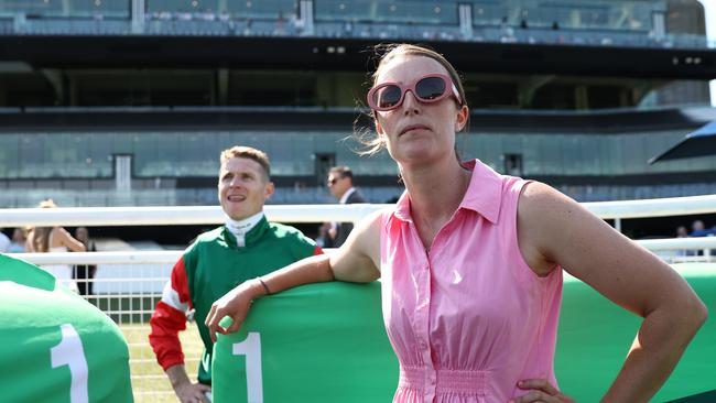 Jockey James McDonald and trainer Annabel Neasham watch a replay of Amelia’s Jewel’s Guy Walter win. Picture: Jeremy Ng / Getty Images