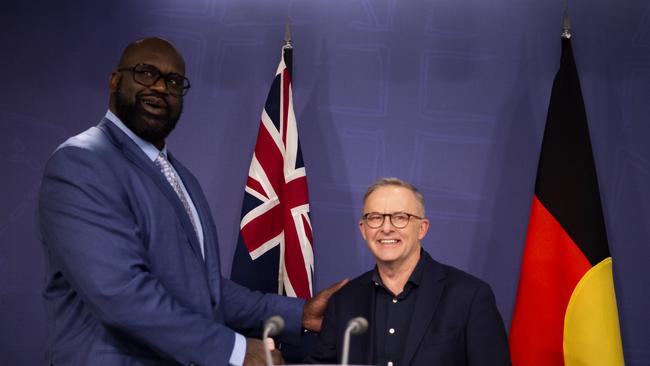 Prime Minister Anthony Albanese holds a press conference with NBA legend Shaquille O'Neal. Picture: NCA NewsWire