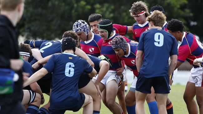 Action from the GPS First XV rugby match between Brisbane Grammar School and Brisbane State High School. Photo:Tertius Pickard