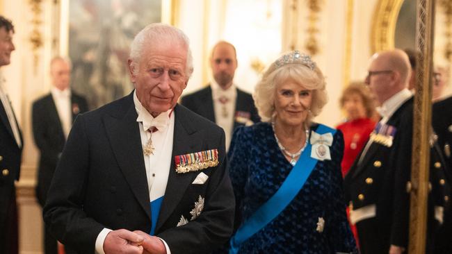 LONDON, ENGLAND - NOVEMBER 13: King Charles III and Queen Camilla arrive to the Diplomatic Corps reception at Buckingham Palace on November 19, 2024 in London, England. (Photo by Aaron Chown - WPA Pool/Getty Images)