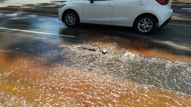 Pools of water on the road after a water main burst on Fullarton Rd at Eastwood. Picture: Jos Valdman.