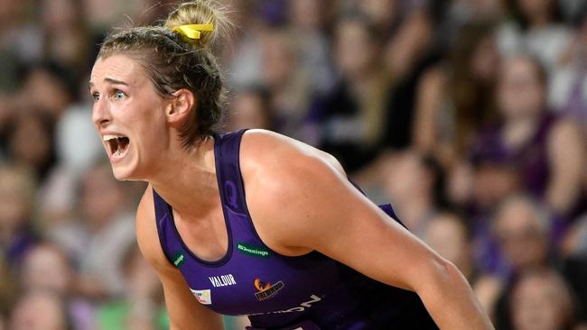 BRISBANE, AUSTRALIA - MARCH 19: Gabi Simpson of the Firebirds reacts during the round one Super Netball match between Queensland Firebirds and Adelaide Thunderbirds at Nissan Arena, on March 19, 2023, in Brisbane, Australia. (Photo by Matt Roberts/Getty Images)