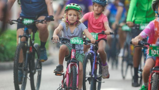 Mila Smith age 7 in the 3 km in the Top End Gran Fondo in Darwin. Picture: Glenn Campbell