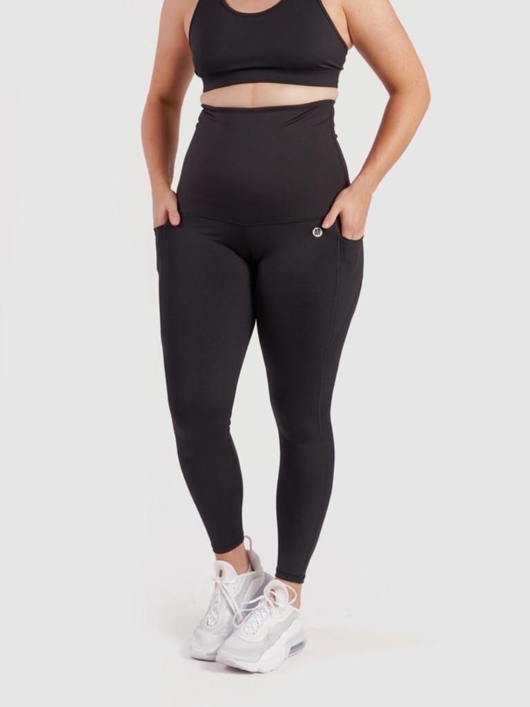 Zip Pocket Recycled Stomach Support Ankle Biter Leggings, Black