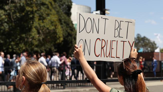 Protesters outside Royal Randwick racecourse after the report aired. Picture: Mark Metcalfe