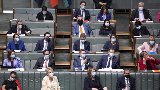 Labor MPs wearing masks during Question Time at Parliament House. Picture: Gary Ramage