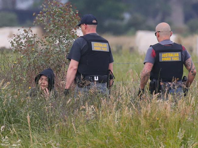 Australian Border Force Raid of asparagus and broccoli farm near Pakenham for illegal workers. They found these workers hiding in long grass in a nearby paddock. Friday, Nov 2. 2016. Picture: David Crosling