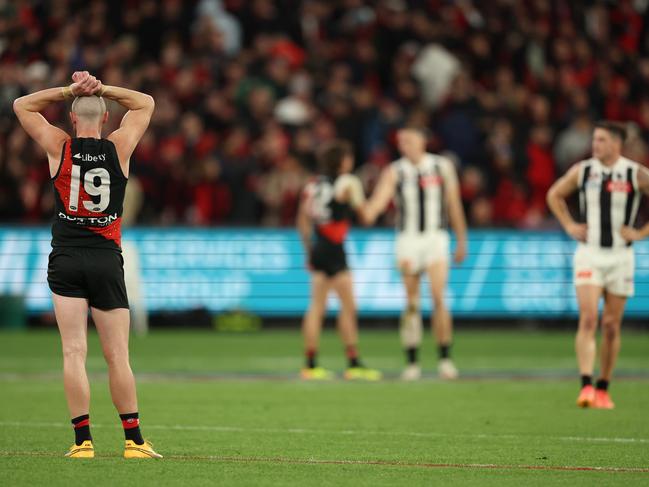 MELBOURNE, AUSTRALIA - APRIL 25: Nick Hind of the Bombers reacts after the match ended in a draw during the round seven AFL match between Essendon Bombers and Collingwood Magpies at Melbourne Cricket Ground, on April 25, 2024, in Melbourne, Australia. (Photo by Robert Cianflone/Getty Images)