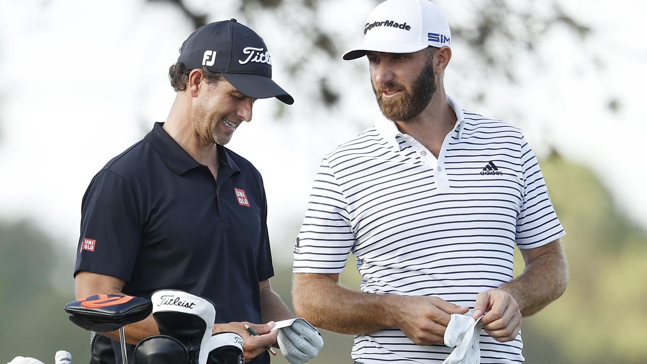 Adam Scott (left) was paired with fellow COVID-19 patient Dustin Johnson during the first round of the Houston Open. Picture: Maddie Meyer/Getty Images/AFP