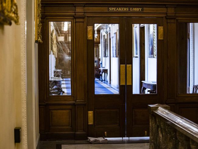 The windows at the entrance to the Speakers Lobby are shattered from a pro-Trump mob at the U.S. Capitol. Picture: Getty