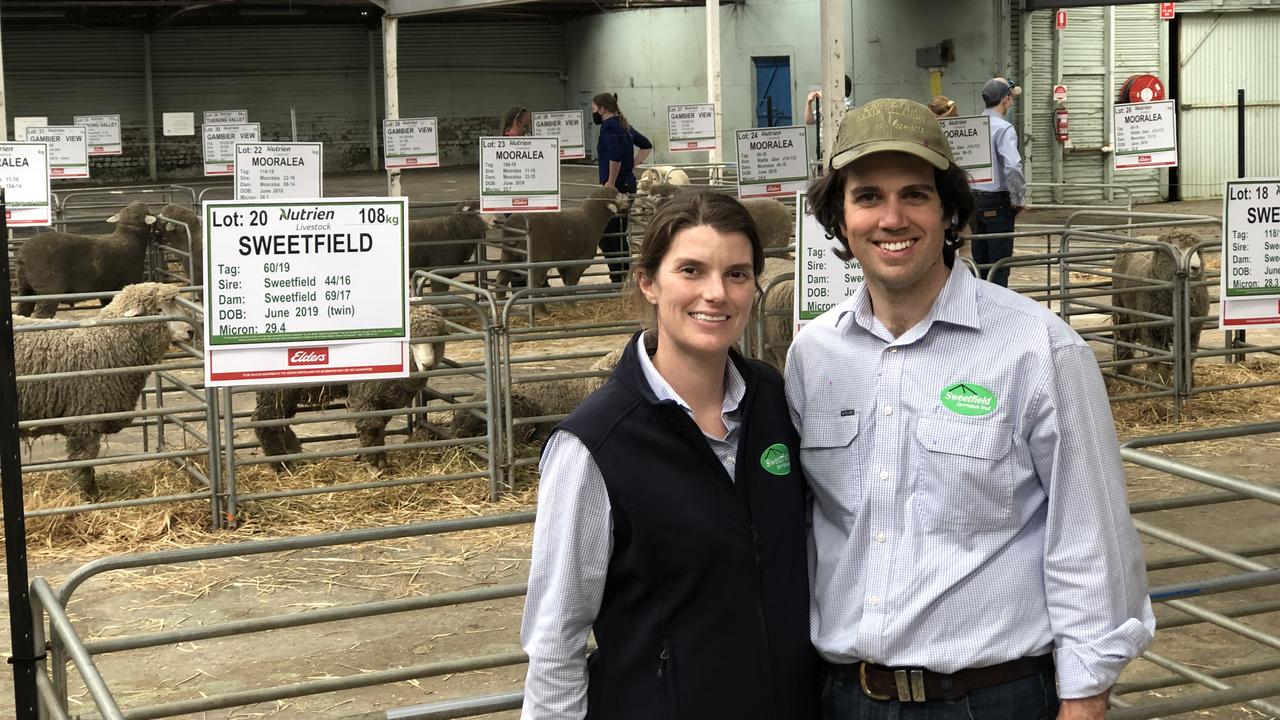 Sweetfield co-stud principal Leigh Ellis with partner Casey Tomkins who cleared four of their six rams offered on the day.