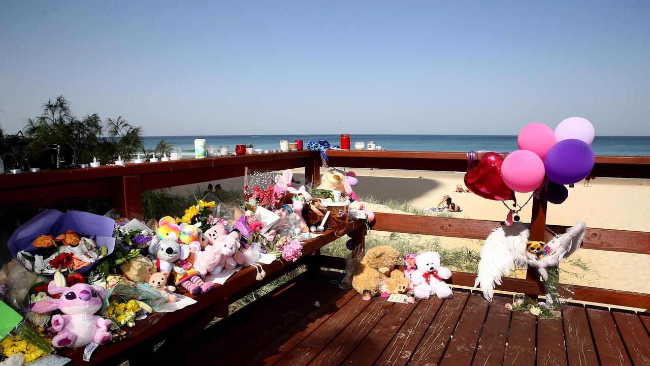 Memorial scene of where a baby washed up at Surfers Paradise Beach. Picture: Adam Head