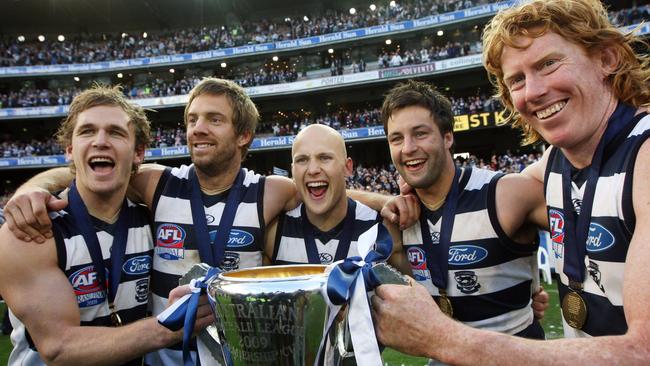 Joel Selwood, Joel Corey, Gary Ablett Jr, Jimmy Bartel and Cameron Ling with the 2009 premiership cup.